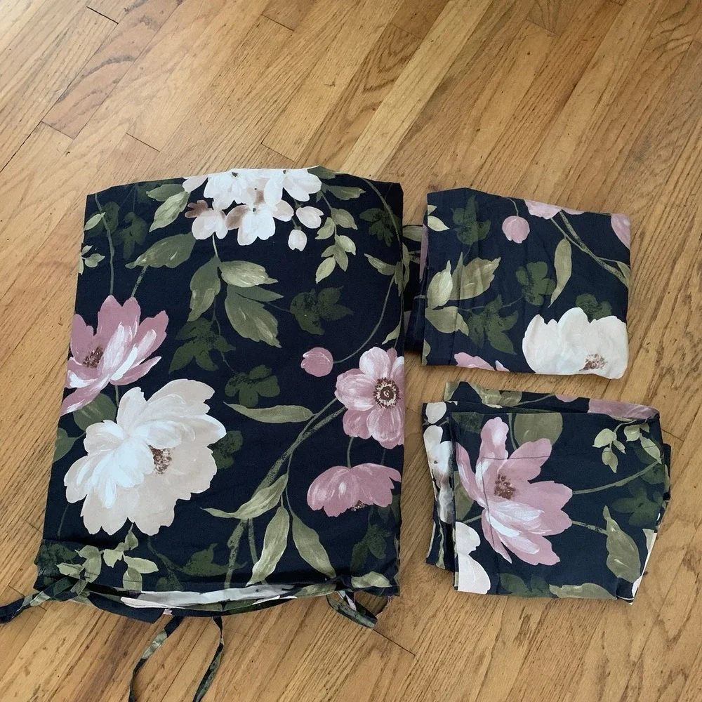 IKEA BLEKFRYLE Black Floral Full Queen Duvet Cover 2 Standard Shams